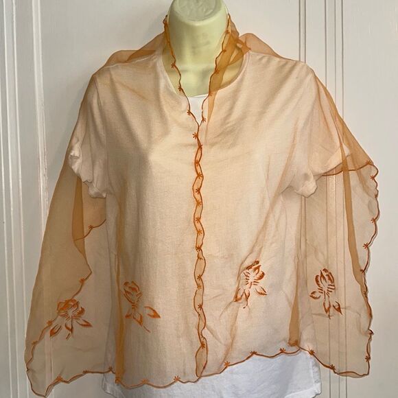 Vintage 60s long orange chiffon scarf with embossed floral design & hem - Picture 2 of 8